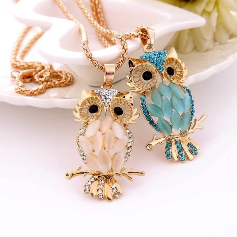 Rose Gold/blue Plated Opal Crystal Owl Pendant Necklace Long Sweater Chain
